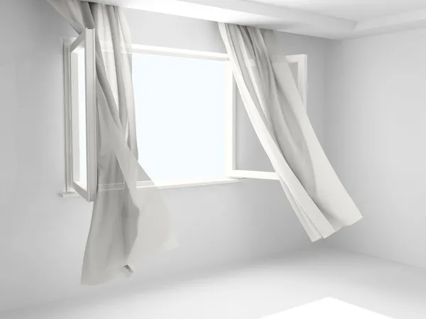 Open venster met gordijnen — Stockfoto
