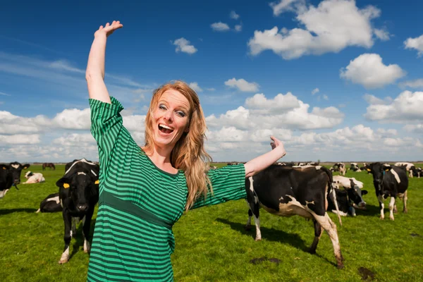 Chica holandesa feliz en el campo con vacas —  Fotos de Stock