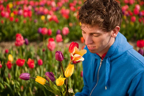 Mladý muž je trhá květiny — Stock fotografie
