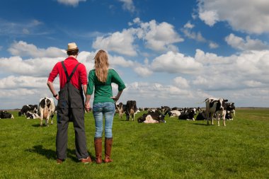 Typical Dutch landscape with farmer couple and cows clipart