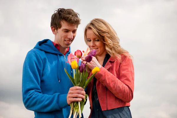 Holland turisták a kopasztás színes tulipán — Stock Fotó