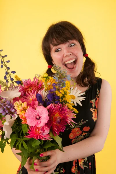 Surprised by getting colorful flowers — Stock Photo, Image