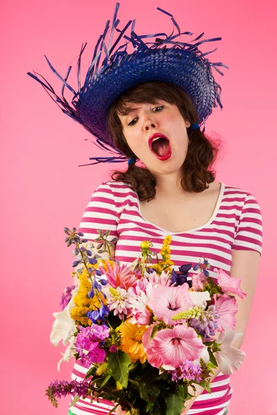 Woman getting flowers — Stock Photo, Image