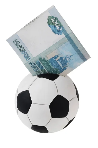 Thousand rubles going into football money box — Stock Photo, Image