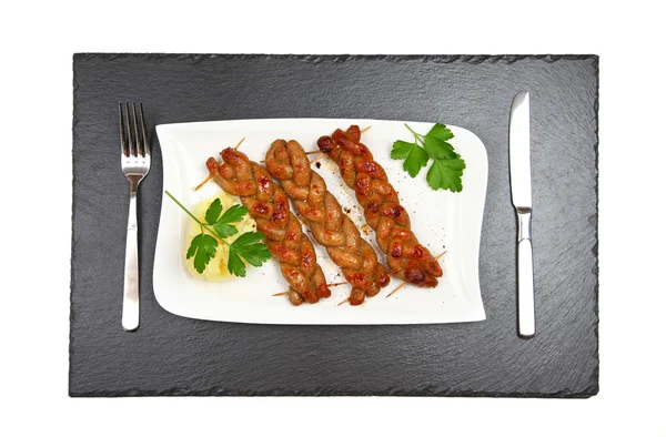 Bratwurst - salchicha frita - vista superior — Foto de Stock