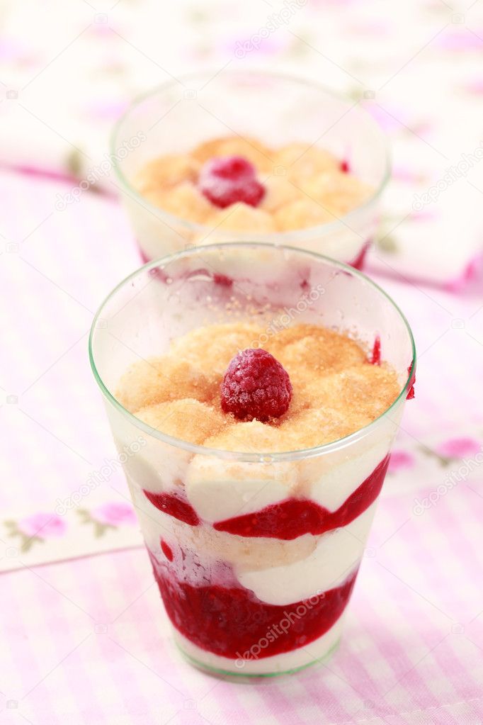 Frozen dessert with panna cotta and raspberries