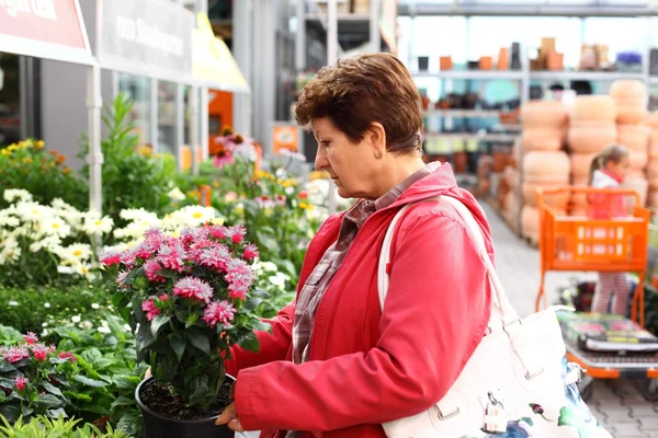 Seniorin im Blumenladen — Stockfoto