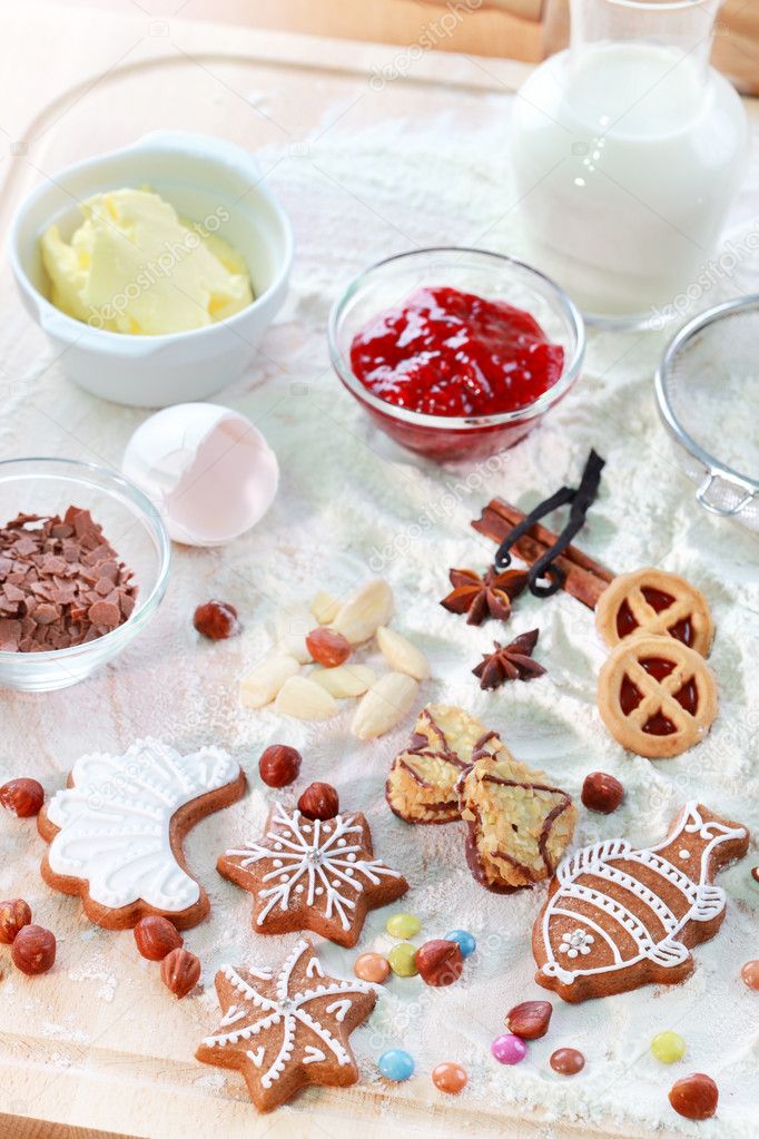 Baking ingredients for cookies and gingerbread