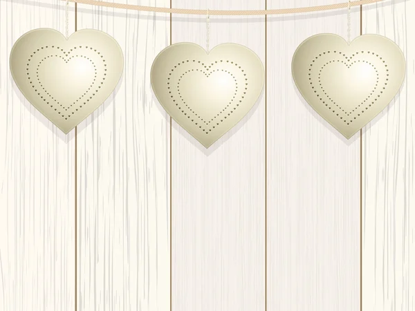 Hanging hearts on a wooden background2 — Stock Vector
