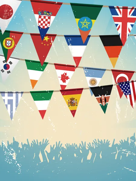 Grunge crowd and world bunting flags — Stock Vector