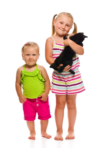 Zwei schwester mit kitty — Stockfoto