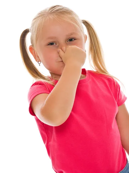 Kleine meisje bedekking neus — Stockfoto