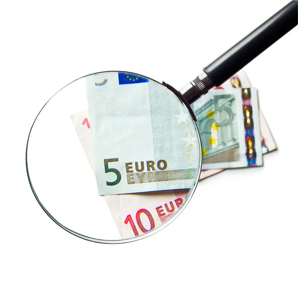 拡大鏡でユーロ通貨 — ストック写真