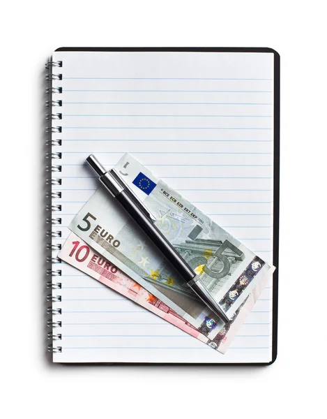 Monnaie et stylo Euro sur carnet vierge — Photo