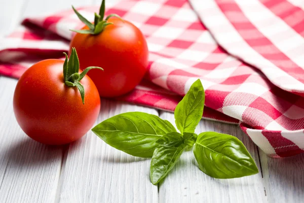 Verse basilicum bladeren en tomaten — Stockfoto