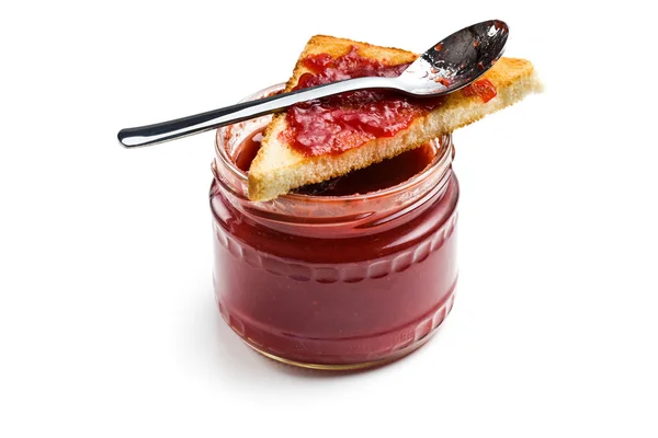 Toast met jam in glazen pot — Stockfoto