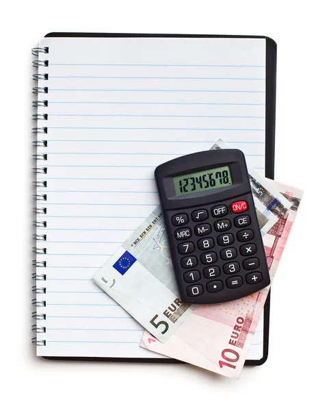 Notebook com dinheiro do euro e calculadora — Fotografia de Stock