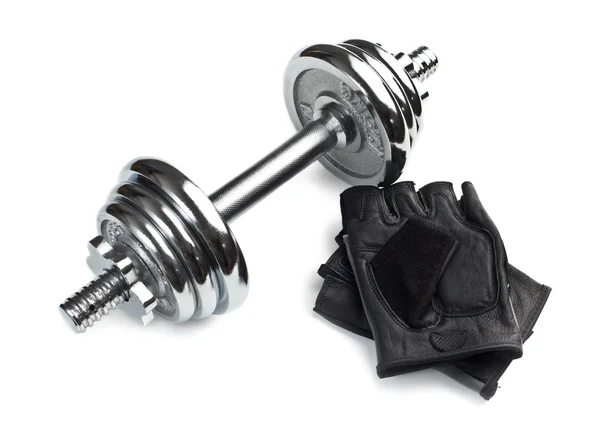Chromed fitness dumbbell with gloves — Stock Photo, Image