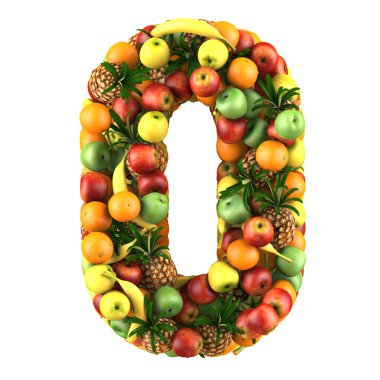 Number zero made from 3d fruits. clipart