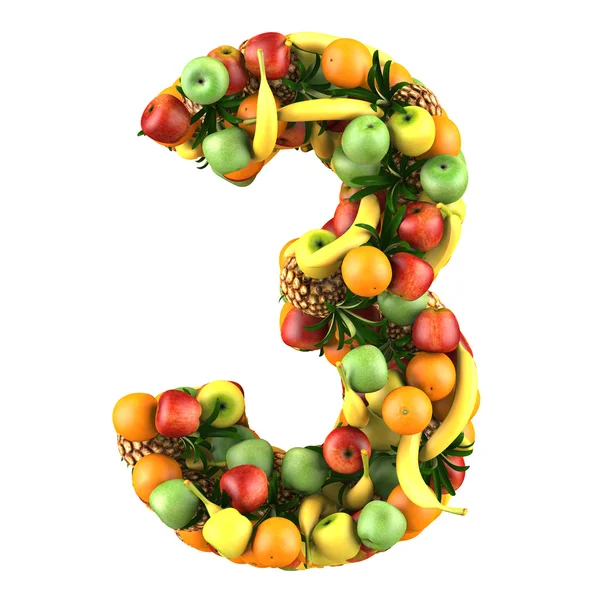 Número três feito de frutas 3d . — Fotografia de Stock