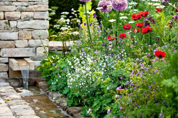 Garden flowers with stone walled stream — Stock Photo, Image