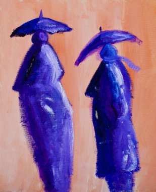 Two rain walking , acrylic painting clipart