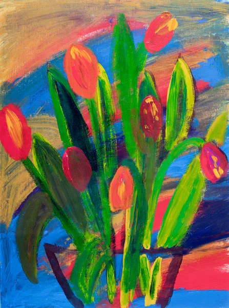 Tulips in a vase painting in acrylic by Kay Gale — Stock Photo, Image