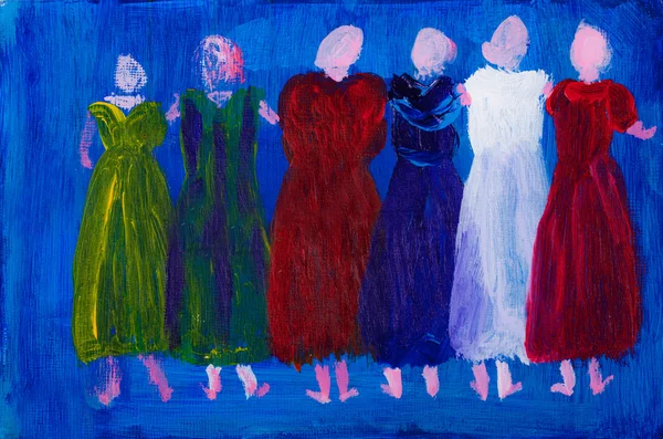 Six women in dresses painting by Kay Gale — Stock Photo, Image