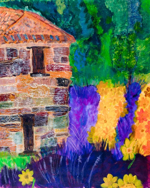Картина Кей Гейл из французского лавандарта и каменного дома — стоковое фото
