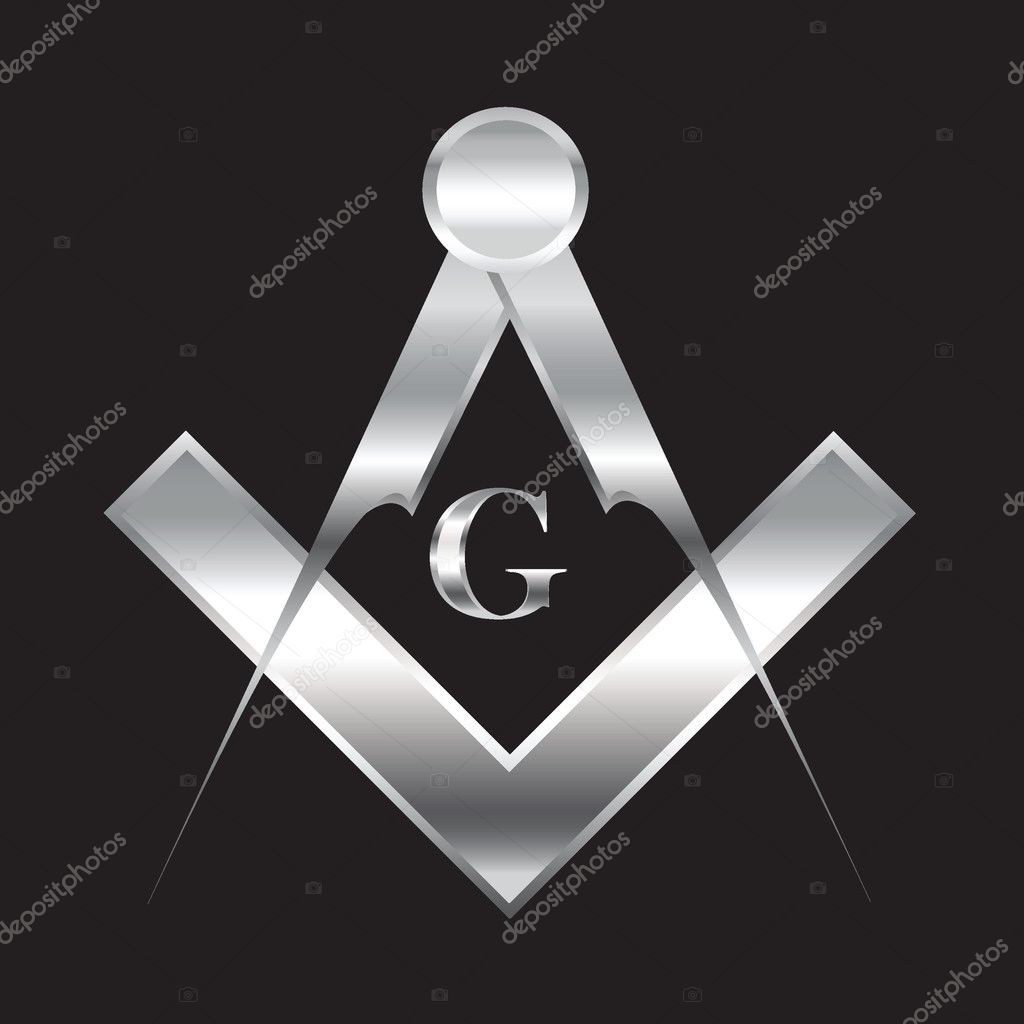 Silver freemason symbol of set square and compass on black background