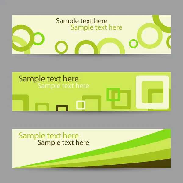 Collection of green horizontal banners with circles, squares and ribbon — Stock Vector