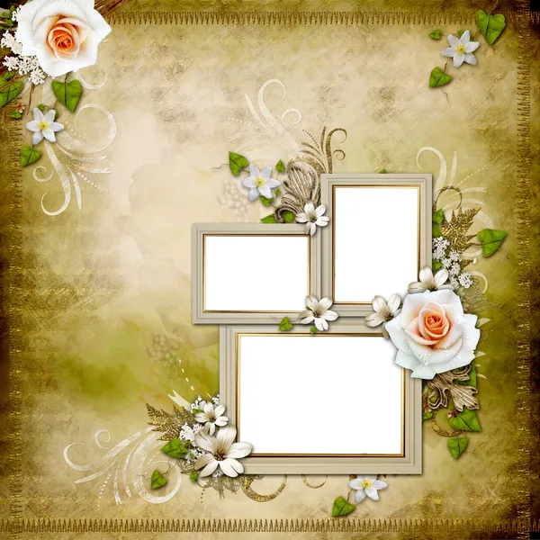 Ročník pozadí s 3 rámečky a růže — Stockfoto