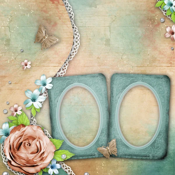 Vintage textured background with a bouquet of flowers, frames — Stock Photo, Image