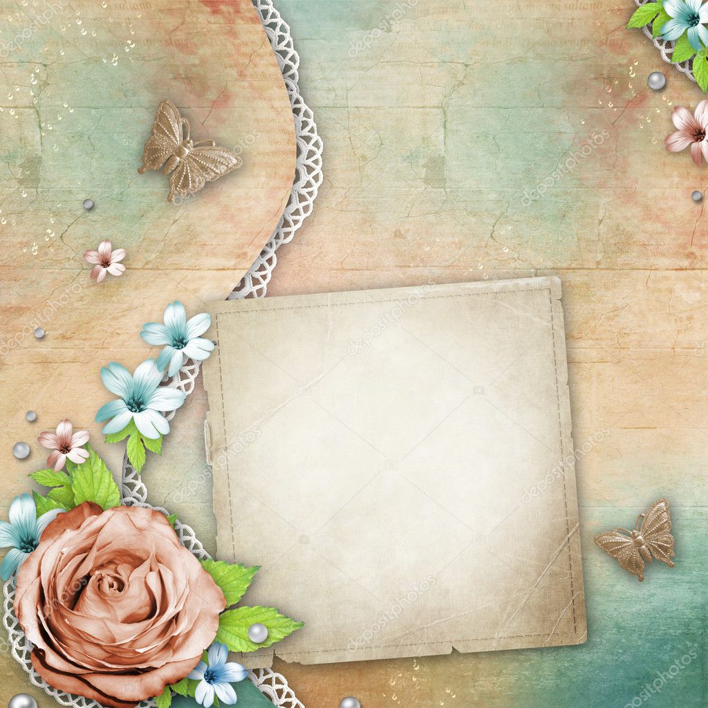 Vintage textured background with a bouquet of flowers, lace