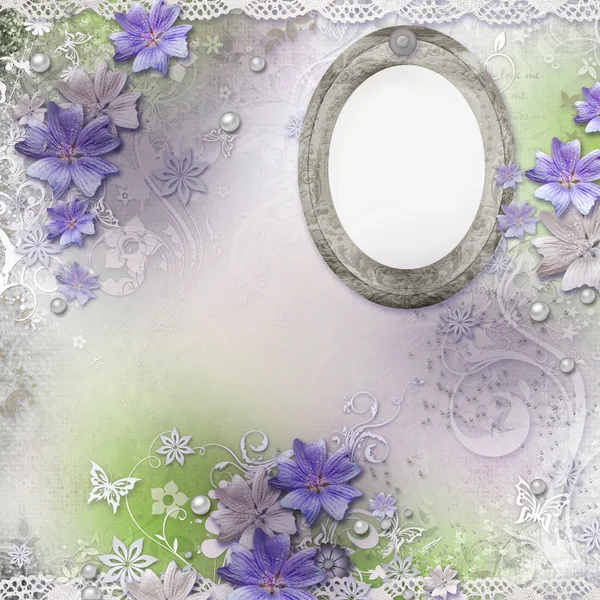 Spring background with flowers, lace, frame — Stock Photo, Image