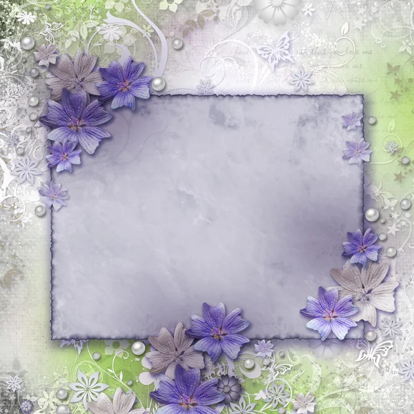 Våren bakgrund med blommor och gratulationskort — Stockfoto
