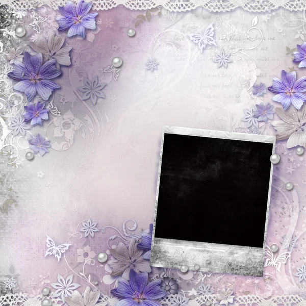 Spring background with flowers, lace, frame — Stock Photo, Image