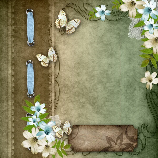 复古背景以蕾丝和花的组成 — 图库照片