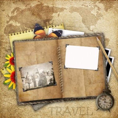 Antique background with the old map, open book and a clock clipart