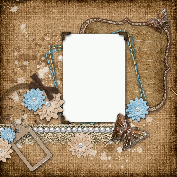 Vintage background with old frames, flowers, golden butterfly — Stock Photo, Image