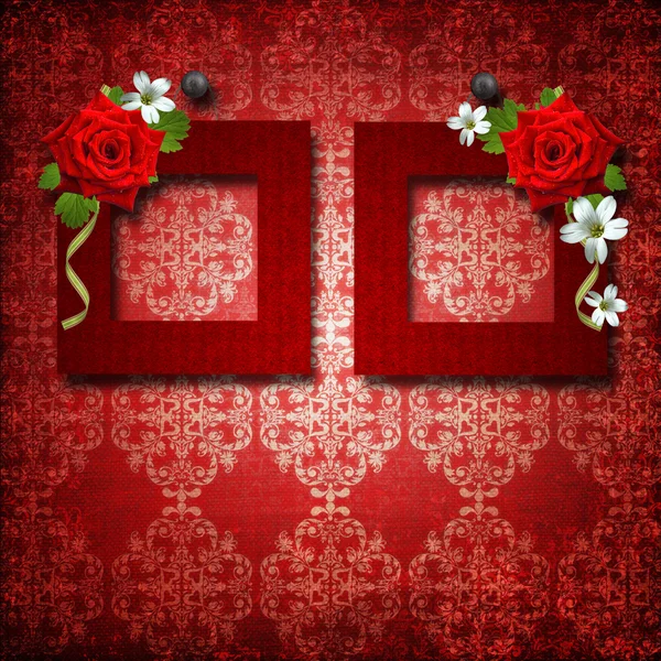 Red frames with roses over vintage wallpaper — Stock Photo, Image