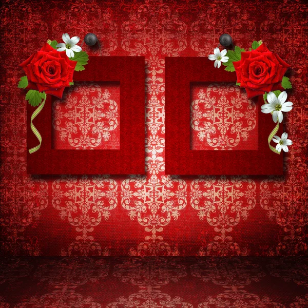 Red frames with roses over vintage wallpaper — Stock Photo, Image
