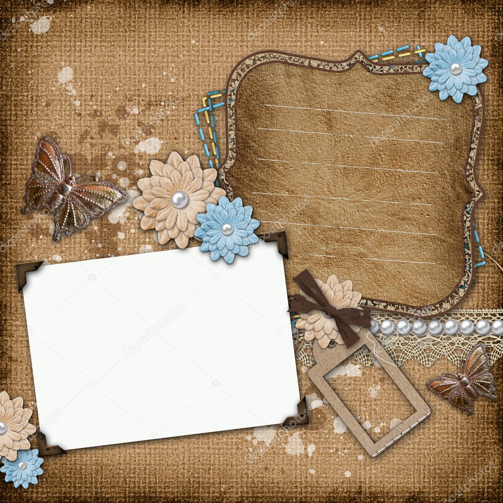 Vintage background with old frames, flowers, golden butterfly