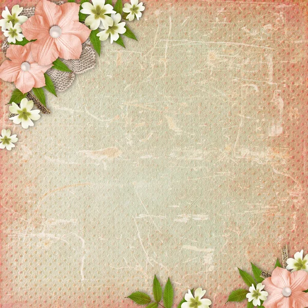 Dantel ve çiçek kompozisyon ile antika arka plan — Stok fotoğraf