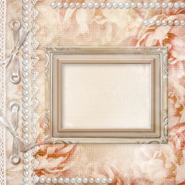 Grunge bela capa de álbum de rosas com moldura, pérolas e renda — Fotografia de Stock