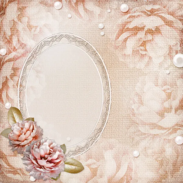 Grunge belas rosas fundo com moldura e pérolas — Fotografia de Stock