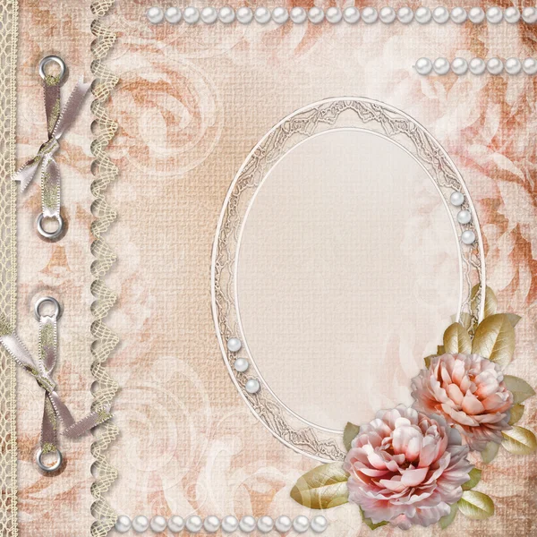 Grunge çerçeve, inci ve dantel ile güzel güller albüm kapağı — Stok fotoğraf
