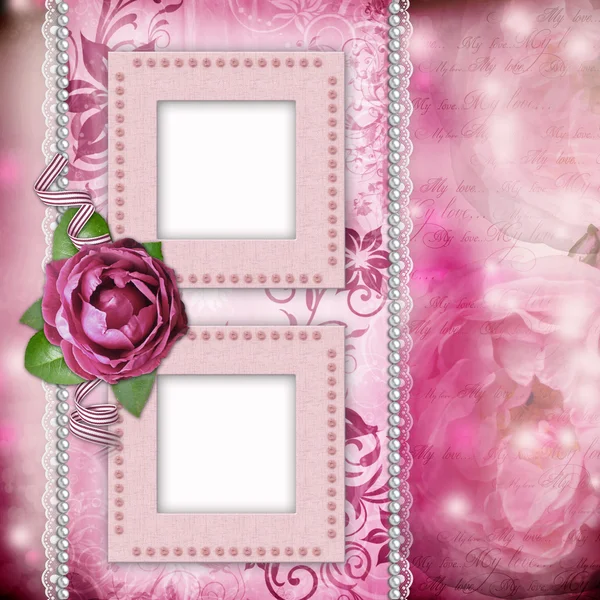 Strona albumu - romantyczny tło z klatek, róża, koronki, perła, — Zdjęcie stockowe