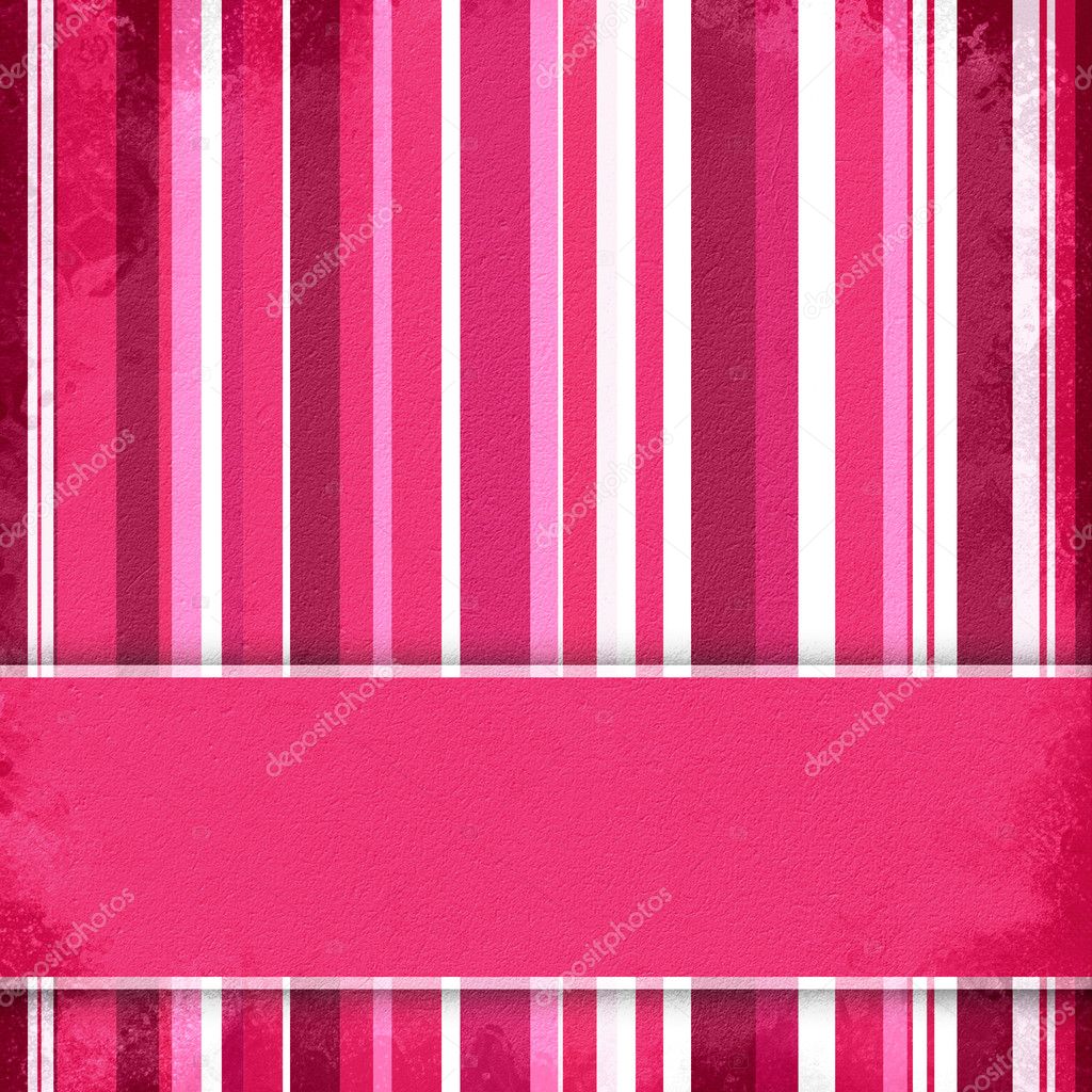 Purple, pink and white striped background with banner