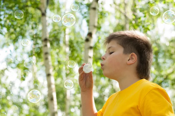 O menino sopra bolhas no parque — Fotografia de Stock